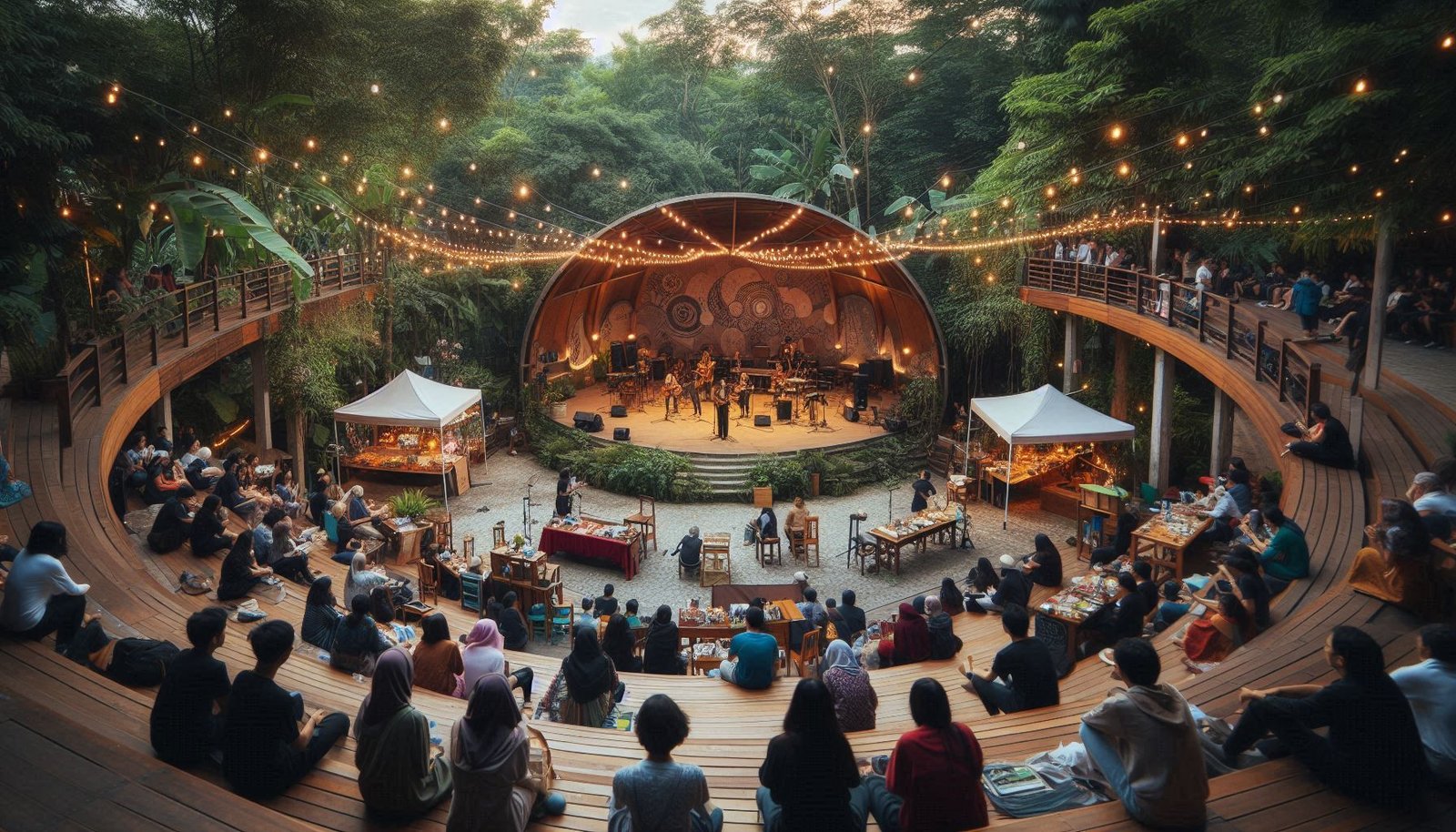 An open-air community amphitheater surrounded by greenery, hosting a cultural festival. The audience enjoys a performance on a wooden stage with string lights overhead. Nearby, stalls for local crafts and food are set up, with people mingling and enjoying the lively atmosphere.