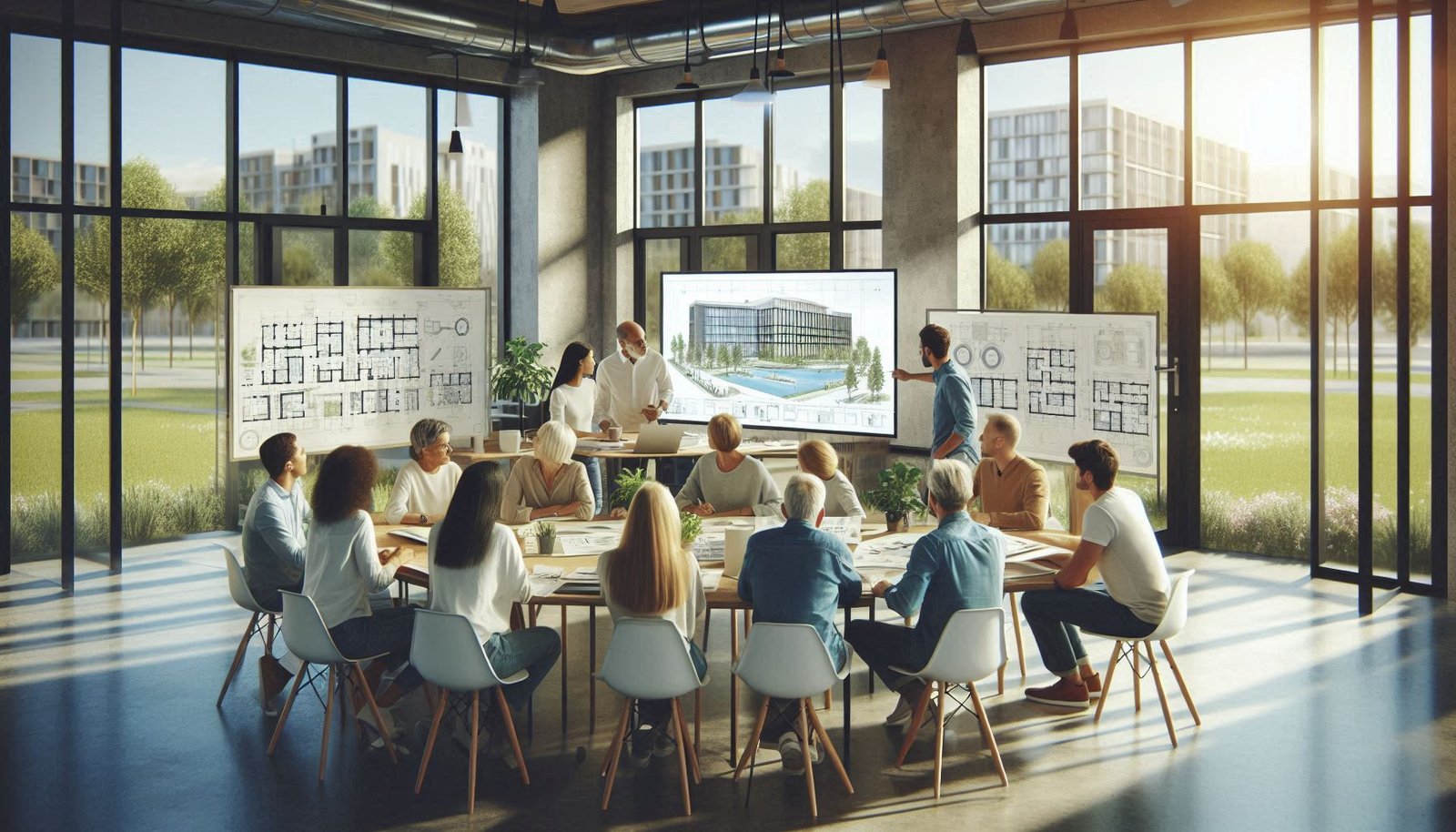 A collaborative community workshop held in a well-lit room with large windows overlooking a park. Residents are gathered around a table with architects and designers, discussing plans displayed on blueprints and digital screens. The environment is inclusive and engaging.