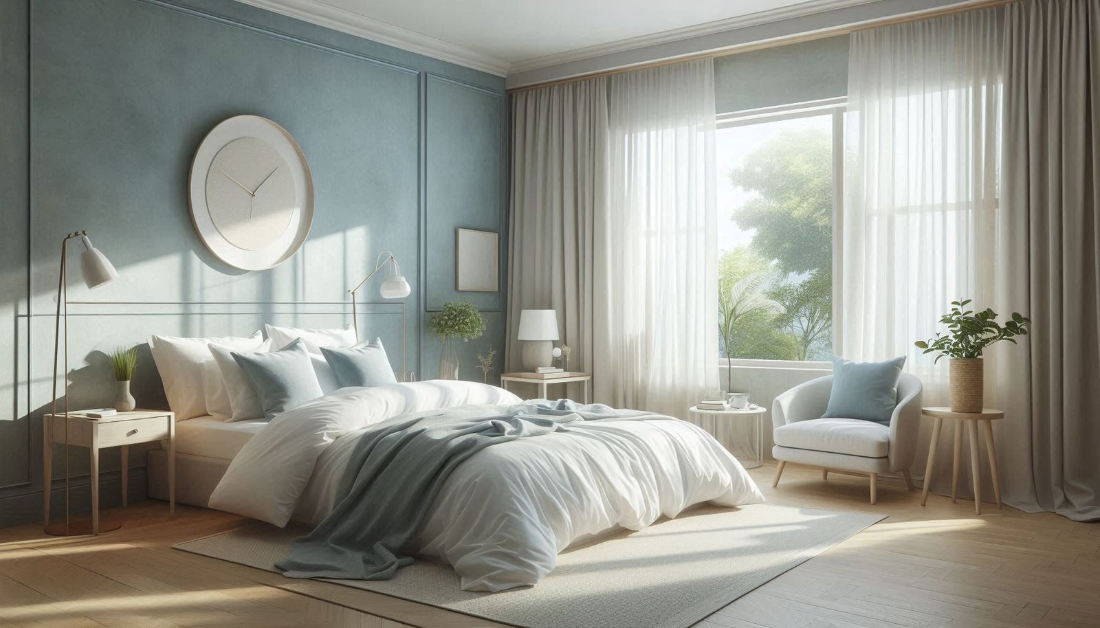 A serene bedroom with soft blue walls, white bedding, and natural light enhancing relaxation. The Psychology of Colors in Interior Design.