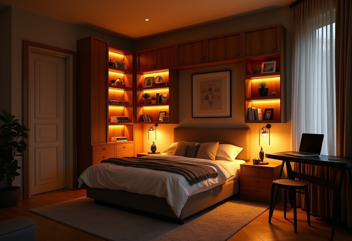 A modern small bedroom with a foldable Murphy bed, wall-mounted shelves, and a stylish compact desk.