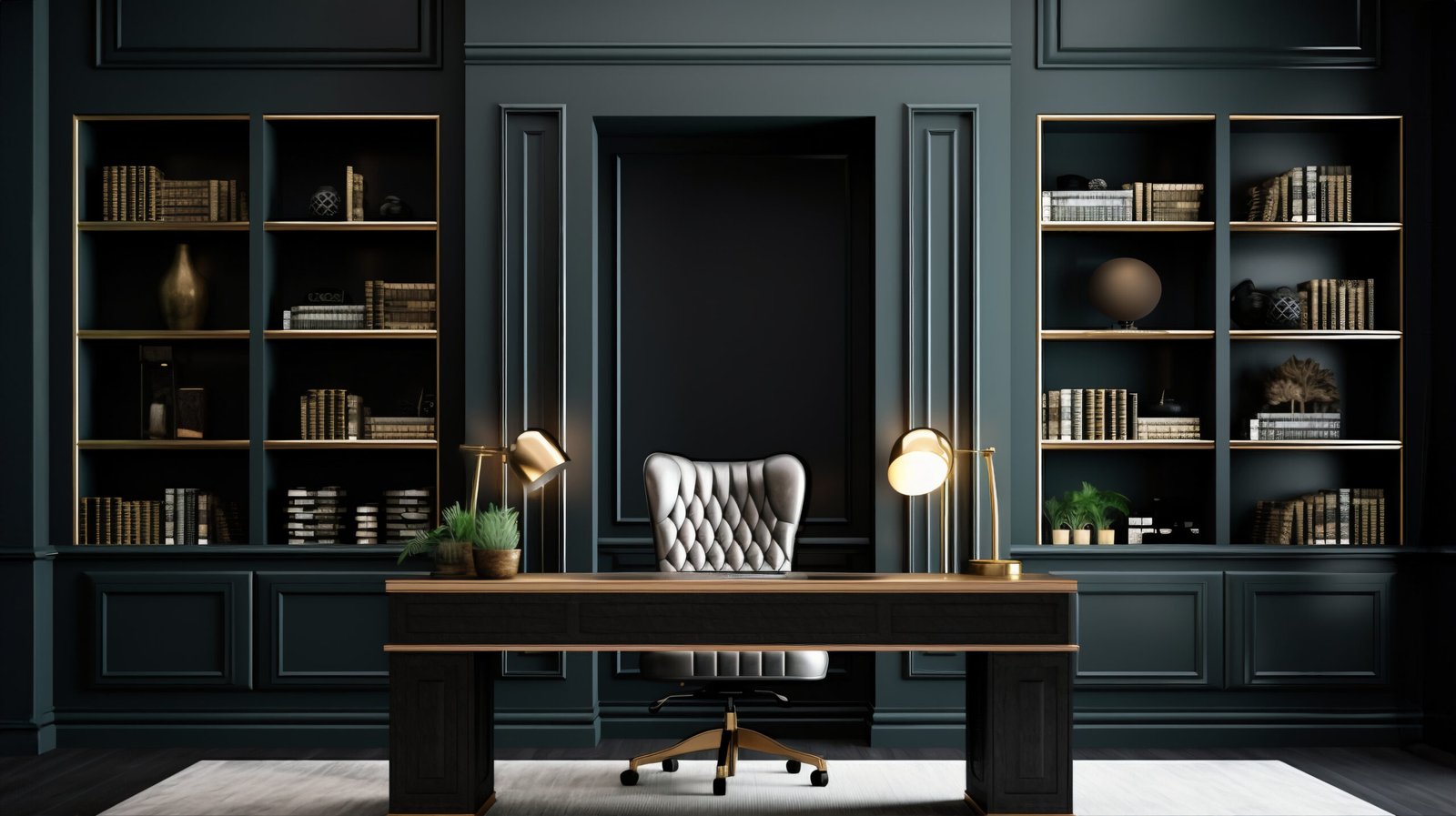 A stylish office space with teal walls, gold accents, and a sleek wooden desk enhancing productivity. The Psychology of Colors in Interior Design.