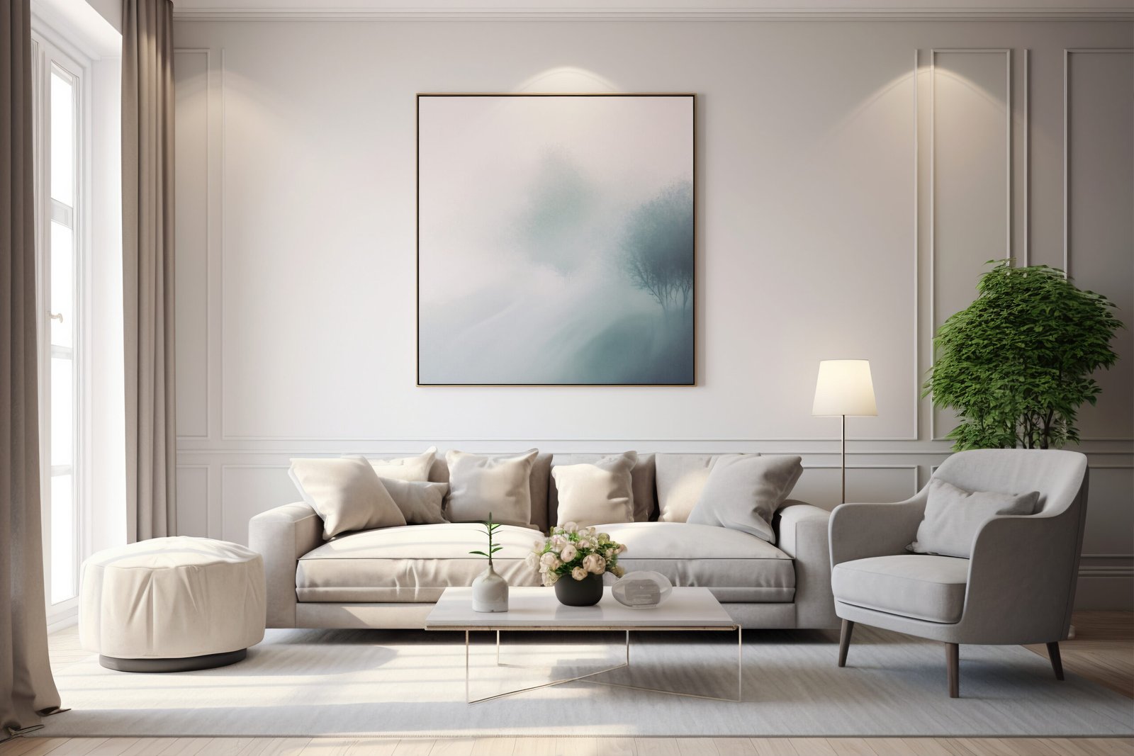 A modern living room with gray walls, minimalist furniture, and soft lighting for a cozy yet elegant feel. The Psychology of Colors in Interior Design.